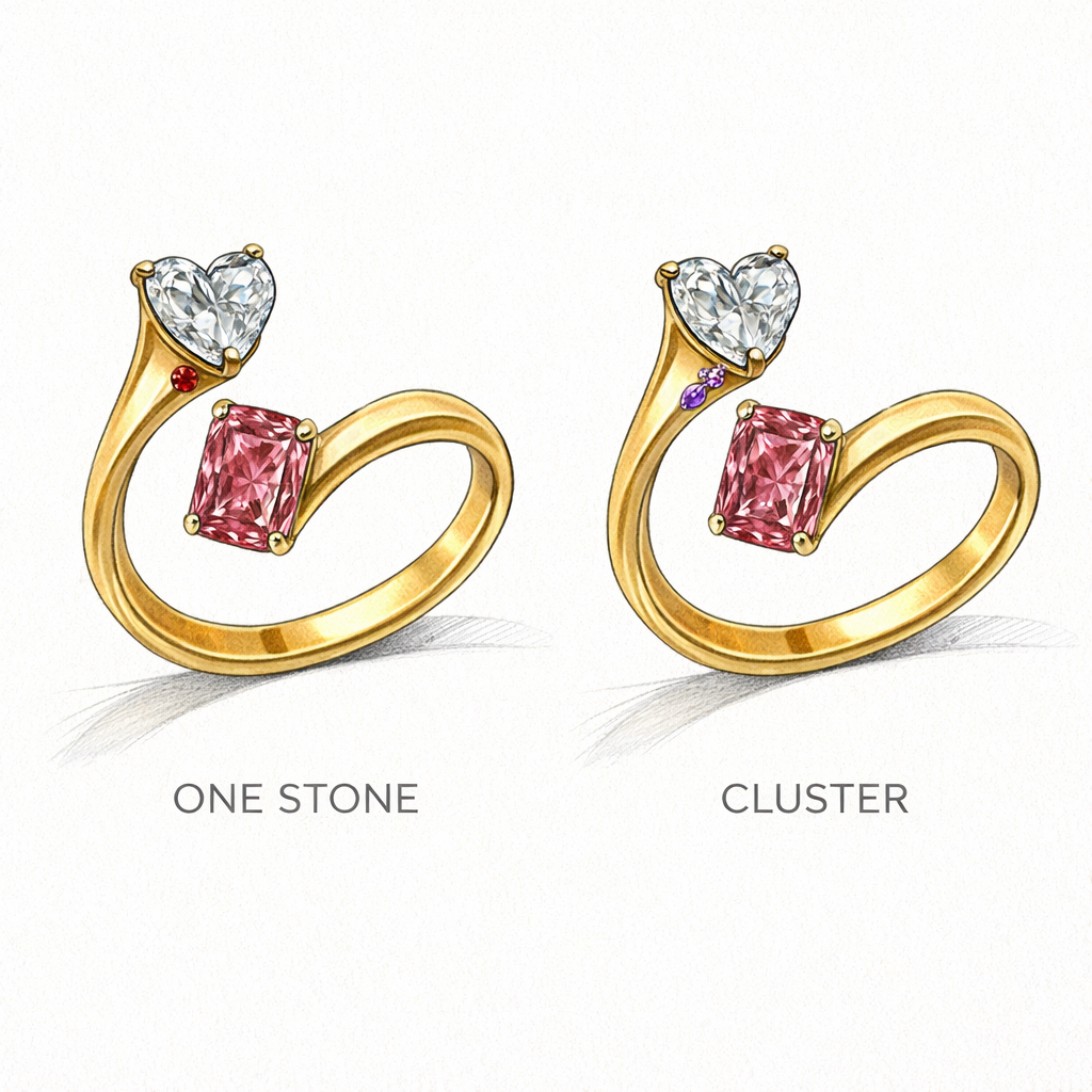 Heart & Pink Radiant Bypass Ring - Point d’Éclat Ring
