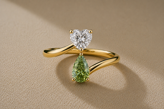 Green Pear & Heart Toi et Moi Ring