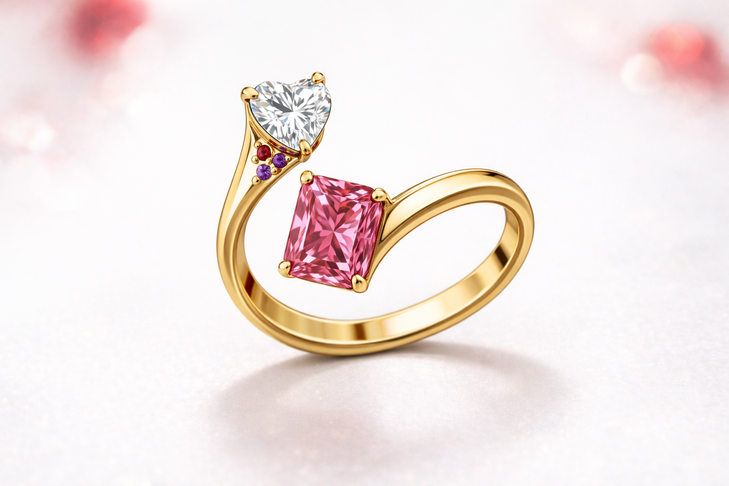 Heart & Pink Radiant Bypass Ring - Point d’Éclat Ring