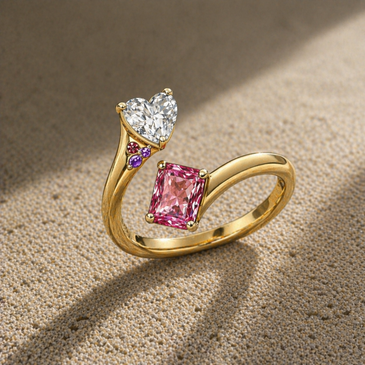 Heart & Pink Radiant Bypass Ring - Point d’Éclat Ring