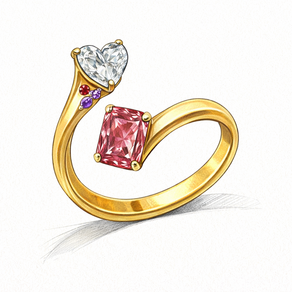 Heart & Pink Radiant Bypass Ring - Point d’Éclat Ring